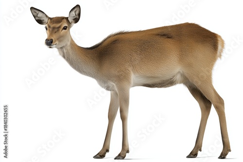 Realistic red deer full body standing on clean white background without shadows, detailed antlers and natural fur texture, perfect for wildlife concept, nature education, animal illustration and ecolo