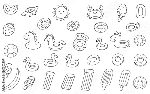 Charming vector illustration featuring a variety of fun pool floats shaped like animals and food items. Includes  designs like unicorns, flamingos, and popsicles for summer joy.