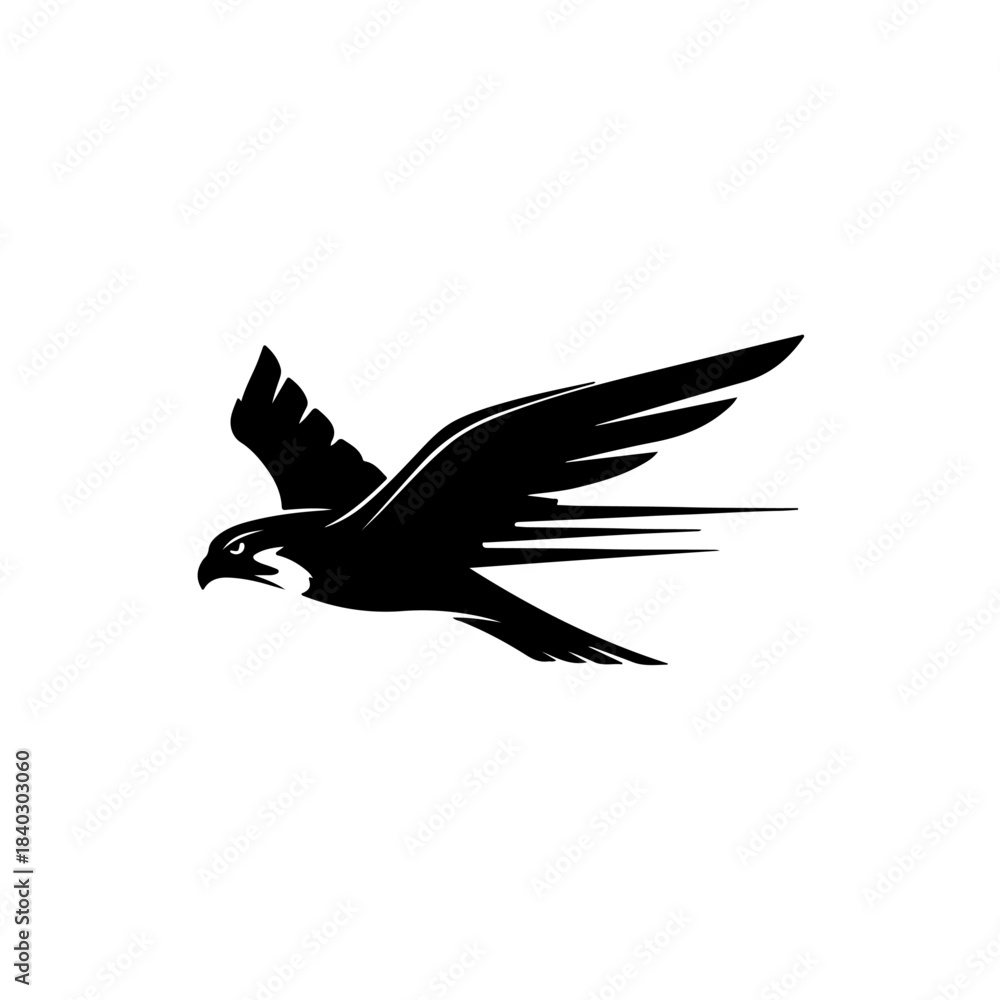 Obraz premium Stylized silhouette of a soaring falcon with wings spread wide against a clean white background, conveying speed and freedom. isolated on transparent background