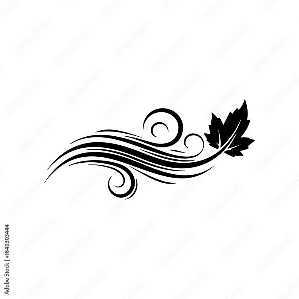 Fototapeta premium Stylized black wind swirl with maple leaf silhouette, isolated on white background, dynamic motion graphic isolated on transparent background