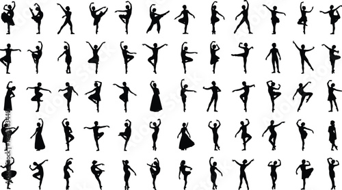 Ballet dancer silhouettes collection, elegant dance poses, artistic choreography figures, professional dancer icons, graceful movement illustration set for creative design