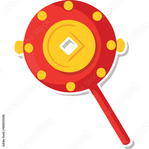 Vibrant Red and Yellow Round Handheld Musical Instrument with Decorative Yellow Dots and Central Emblem on a Clean White Background