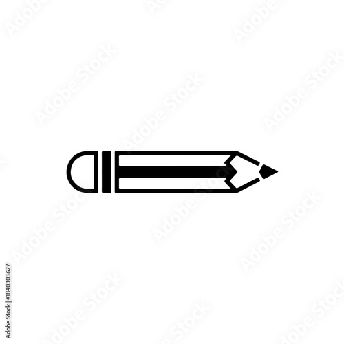 Graphic representation of a simple black pencil with a rubber eraser tip and sharpened lead on a white background isolated on transparent background