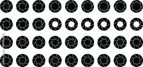 Camera shutter aperture icons set, photography lens symbols collection, shutter blade rotation illustration, photo equipment graphic elements for design, media, branding projects