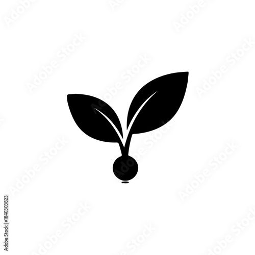 A simple black icon illustrating a young plant sprout with two developing leaves emerging from a small, round seed or bulb symbol isolated on transparent background