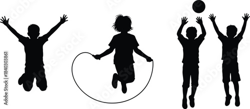 Children jumping and skipping rope, kids playing ball outdoors, active childhood silhouettes, fun movement illustration, energetic youth activity for sport design