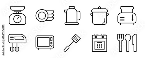 Kitchen appliances and home electronics icons. Household appliance outline collection. Cooking utensil sign.