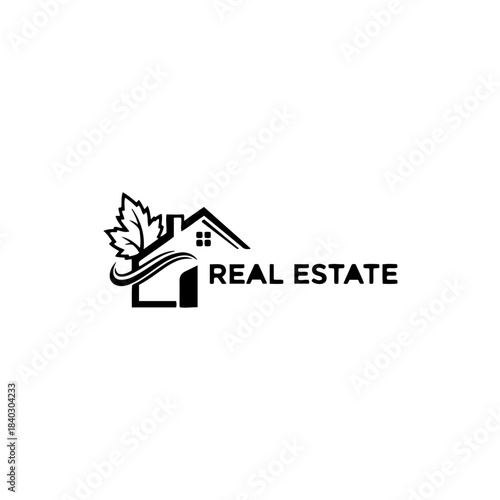 Real estate logo with house symbol, maple leaf, and 'real estate' text for property, home, and canadian housing services isolated on transparent background