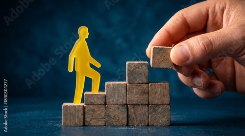 Businessman silhouette stepping up wooden blocks with assistance on dark blue background Helping hand teamwork support wooden step upward business inspiration growth path vision success idea