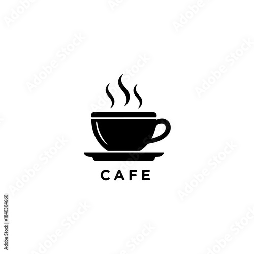 Stylized black icon of a steaming coffee cup on a saucer with the word cafe below it, perfect for branding. isolated on transparent background