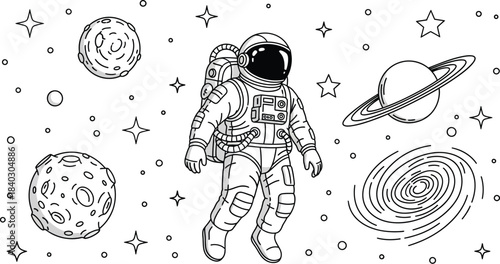 Astronaut floating among planets, stars, and galaxies in space