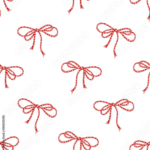 Vector red braided cord bows seamless isolated pattern. Decorative jute bow ornate. Hand drawn coquette hemp burlap ropes line ink illustration for wedding invitations, valentines day packaging