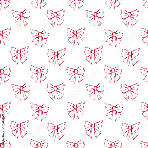 Vector coquette red satin bows seamless isolated pattern. Decorative jute bow ornate. Hand drawn colored tied silk ribbons line ink illustration for romantic and feminine design, textile printing