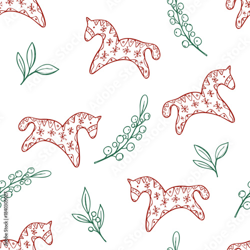 Scandinavian style red wooden toy horse with abstract green branches vector seamless isolated pattern. Christmas animal symbol and herbs colored illustration. Kid decor for rustic winter packaging