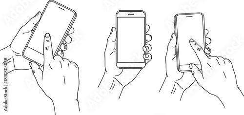 Set of hands interacting with smartphone touchscreens in outline style