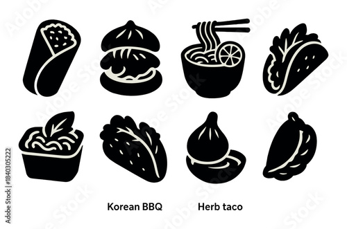 Assorted icon set of international foods including bbq and tacos