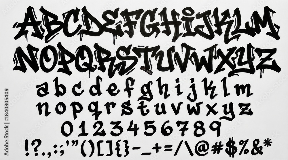 Obraz premium font alphabet in bold graffiti style from a to z numbers punctuation isolated on white background