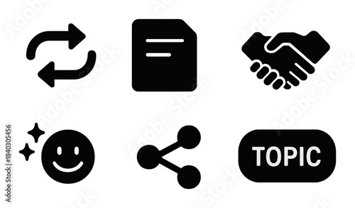Black minimalist ui icons set with arrows, document, handshake, and topic button