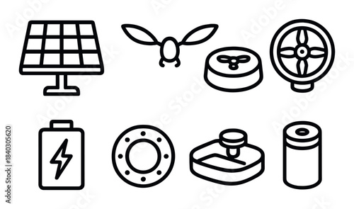 Set of technology icons: solar panel, drone, steering wheel, battery and more