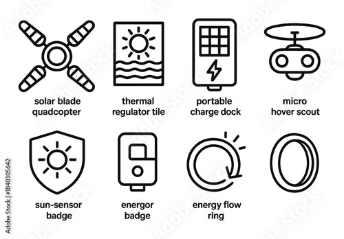 Futuristic drone icons: solar blade, thermal tile, portable dock, micro scout