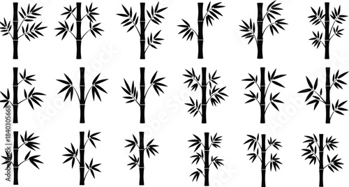 Collection of fifteen black and white bamboo plant silhouette icons