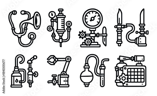 Steampunk medical instruments and devices on brown background
