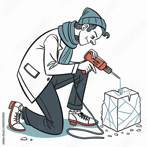 A man using a drill to carve a block of ice