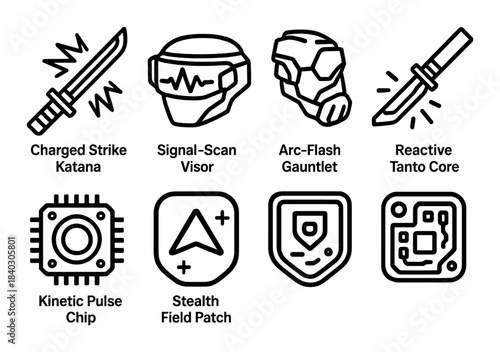 Futuristic weaponry and gear icons featuring katana, visor, gauntlet, chip, patch