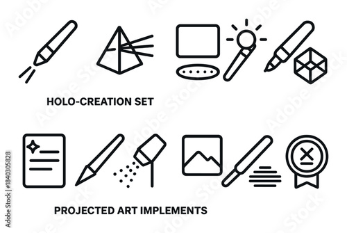 Holo-creation and projected art implement icons on dark background