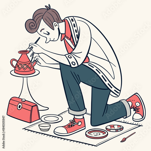 Artist Kneeling at Work Making Pottery in a Detailed Illustration
