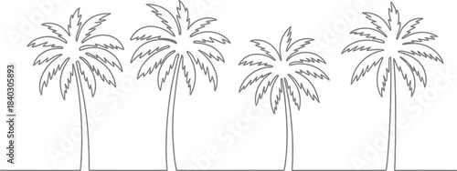 Minimalist continuous line drawing of four tropical palm trees