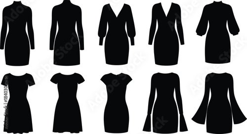 Collection of ten black dress silhouettes showing various necklines and sleeves
