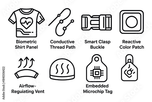 Smart clothing technology icons: biometric shirt, conductive thread, smart clasp, reactive color