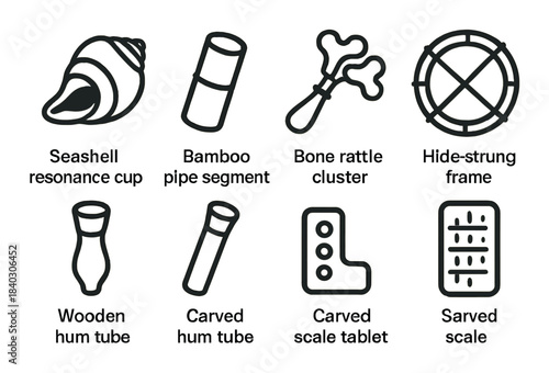 Unique musical instruments: seashell cup, bamboo pipe, bone rattle, hide frame