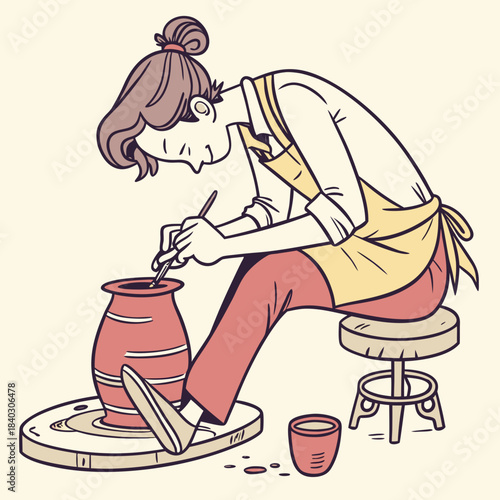 Woman creating pottery on the wheel with a focused expression