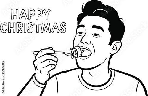 Man happily eating food with a fork wishing happy christmas