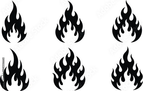Six black stylized flame icons in varying shapes and sizes