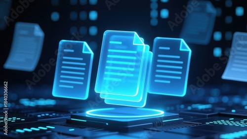 A stacked glowing papers on a floating in dark blue digital space showing data flow, document management system concept