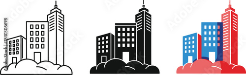 City skyline icons rising above clouds in three styles
