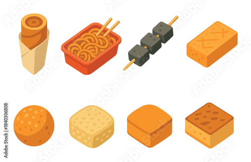 Assorted asian cuisine icons: spring roll, noodles, skewers, tofu, and buns