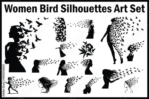 Women & Birds Silhouettes Art Set – Feminine Freedom Vector Collection