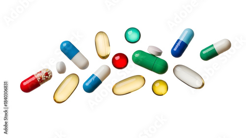 Variety of colorful pharmaceutical pills, tablets, and capsules scattered for health and medicine concept isolated PNG with Transparent Background