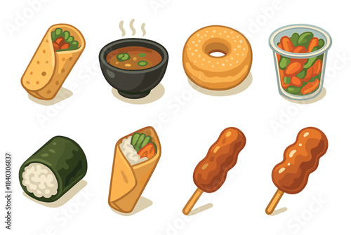 Variety of iconic global street foods illustrated in a playful style