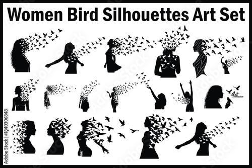 Women & Birds Silhouettes Art Set – Feminine Freedom Vector Collection
