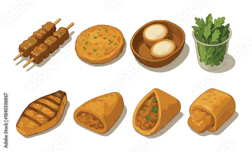 Diverse international cuisine with skewers, quiche, dumplings, spinach, grilled salmon, and stuffed pastries