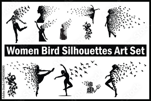 Women & Birds Silhouettes Art Set – Feminine Freedom Vector Collection