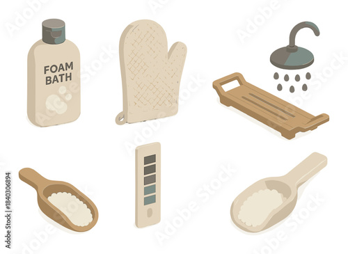 Bath essentials: foam bath, showerhead, bath mitt, and accessories