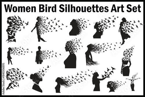 Women & Birds Silhouettes Art Set – Feminine Freedom Vector Collection