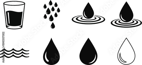 Collection of water icons, including drops, glass, and waves symbols