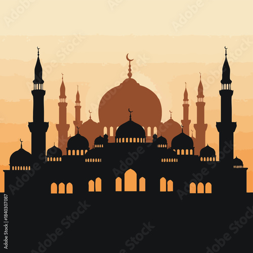 Silhouette of a mosque with domes and minarets against a warm orange sunset background with a serene and peaceful mood.